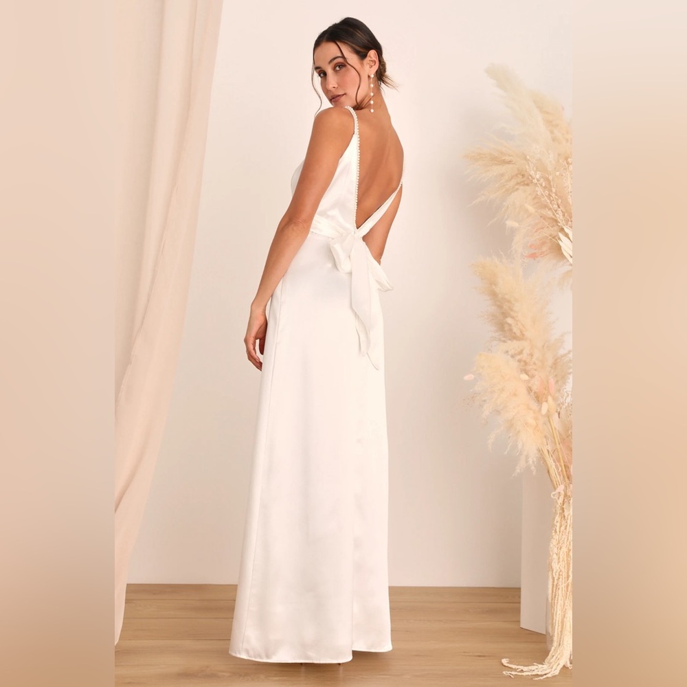 Lulu’s Ready For Forever White Satin Pearl Tie-Back Maxi Dress, size M